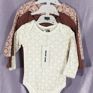 DKNY Jeans Baby 3-Pack Long Sleeve Bodysuits Logo Print NWT